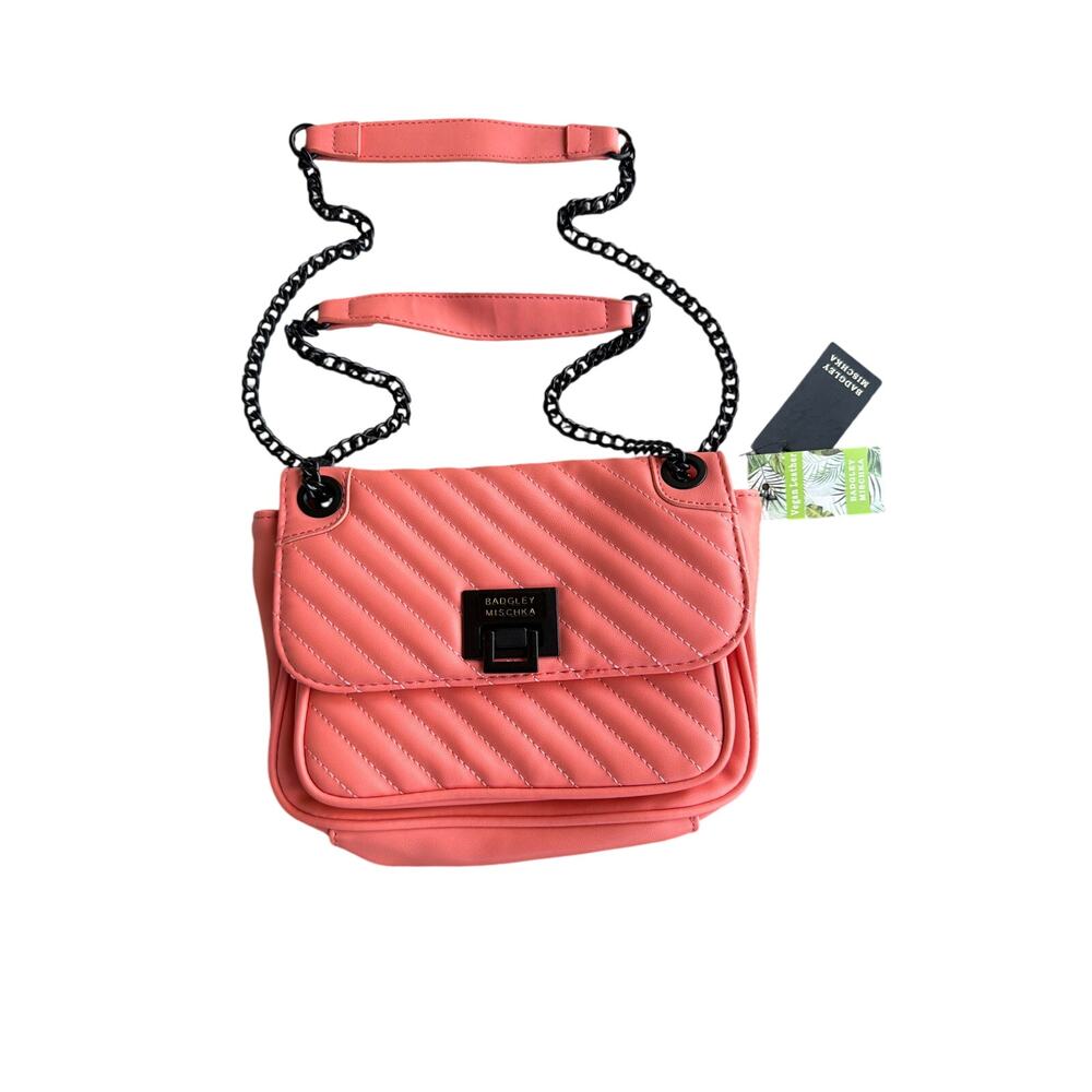 BADGLEY MISCHKA Vegan Leather Quilted Crossbody Bag Chain Strap Coral Pink